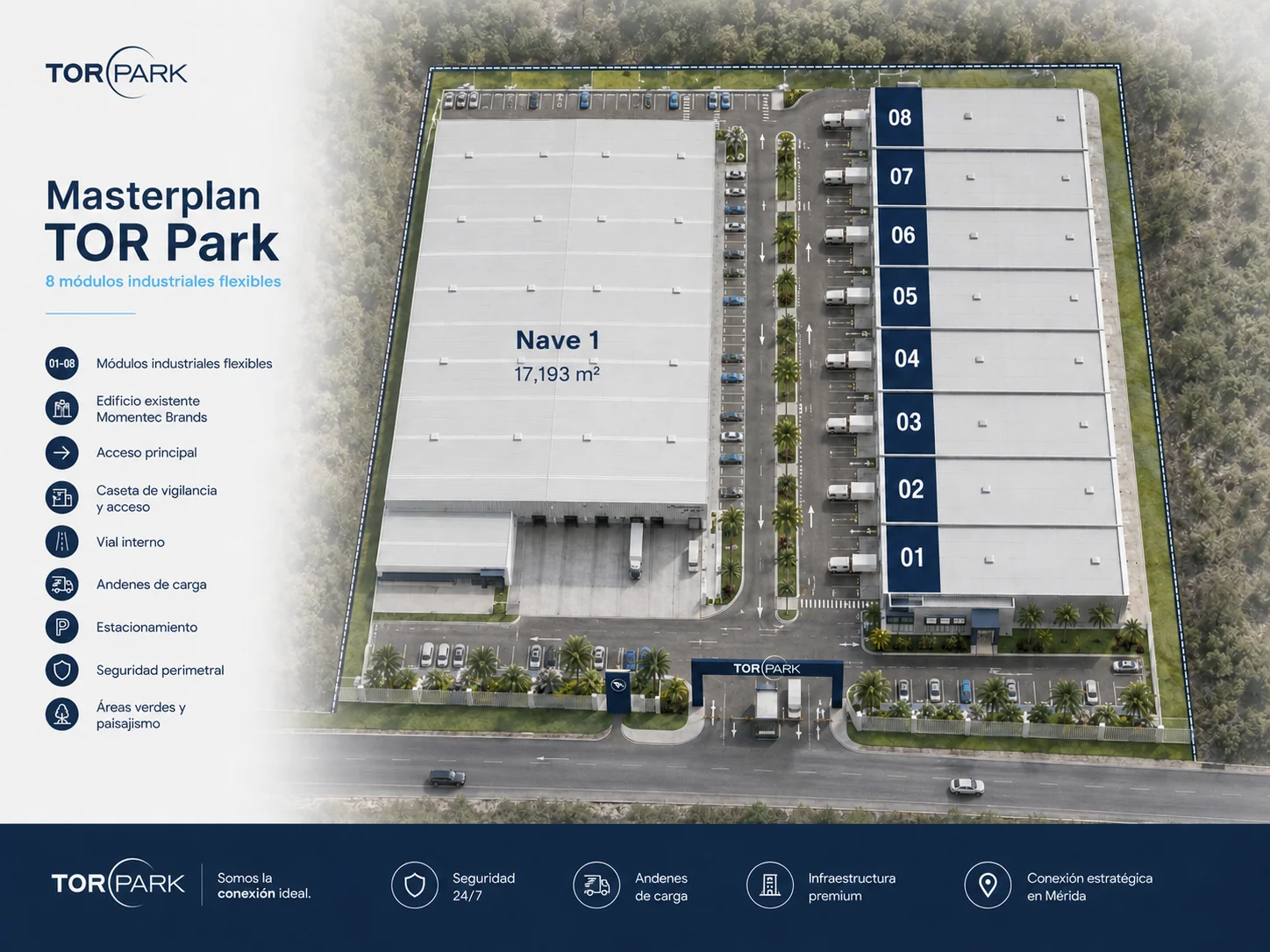 Masterplan de TOR Park: Nave 1 existente de 17,193 m² a la izquierda y 8 módulos numerados (01 a 08) a la derecha, con caseta de vigilancia, vialidades, andenes y estacionamiento
