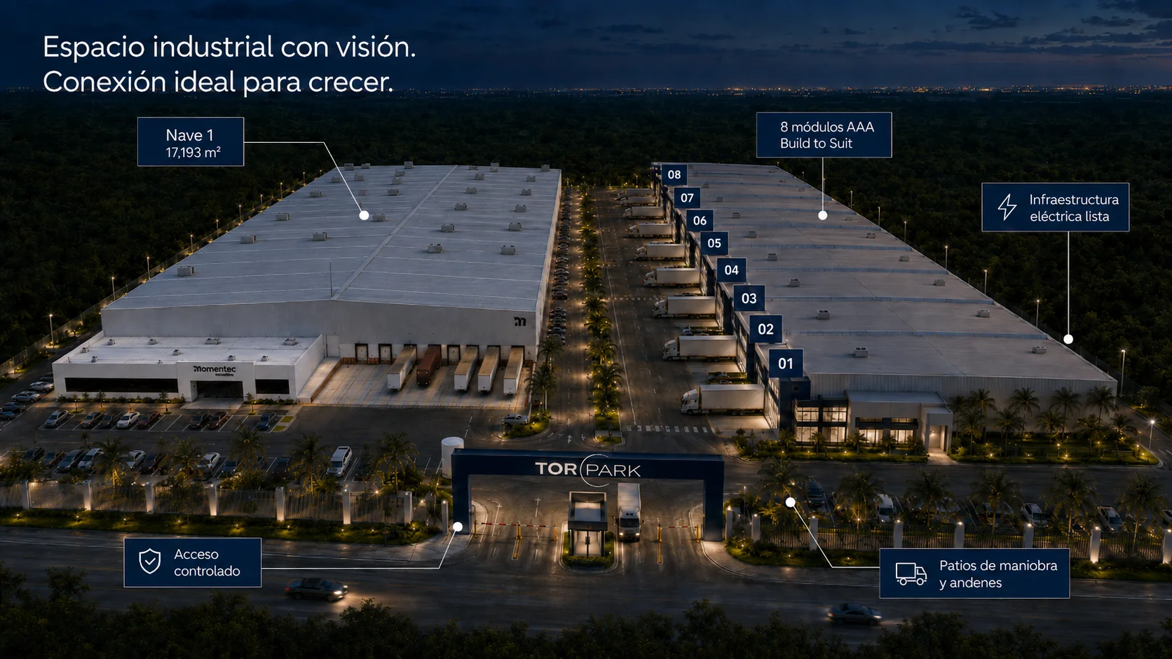 Render aéreo de TOR Park con sus atributos clave: cliente ancla Momentec Brands, 8 módulos AAA build-to-suit, infraestructura eléctrica lista, acceso controlado, patios de maniobra y andenes