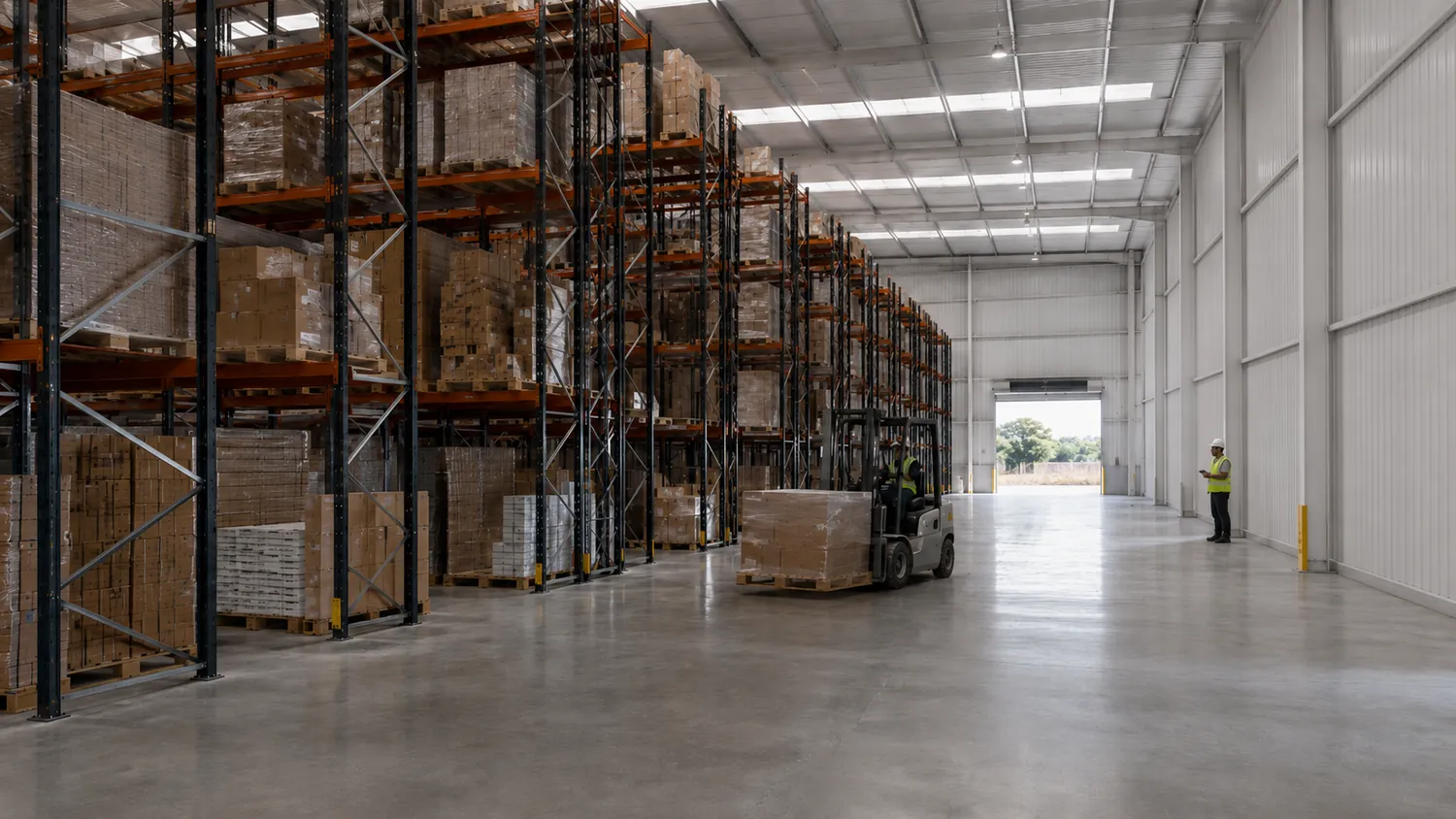 Interior de un módulo de TOR Park en operación: racking industrial con producto, montacargas y personal trabajando