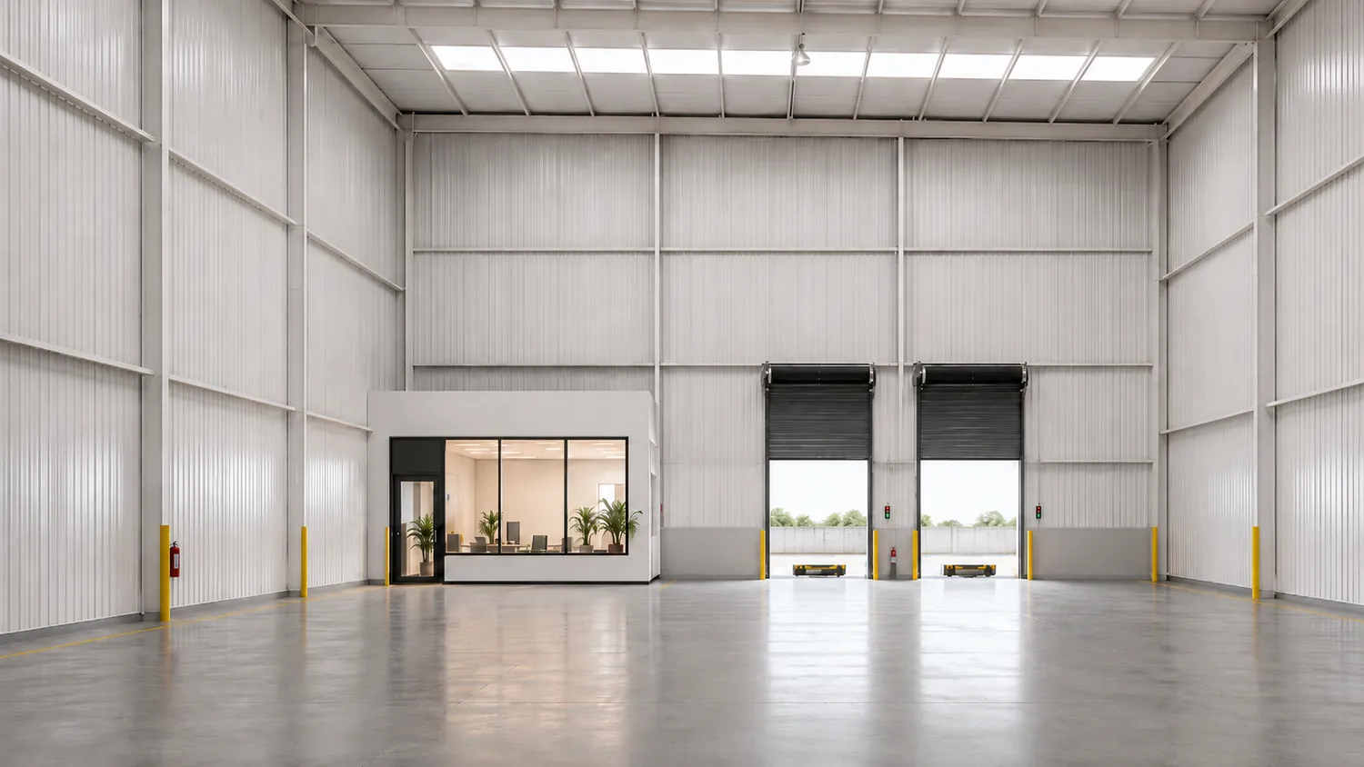 Interior de un módulo vacío de TOR Park: nave de gran altura, estructura de acero, cubierta con tragaluces, piso de concreto pulido y portón de andén al fondo